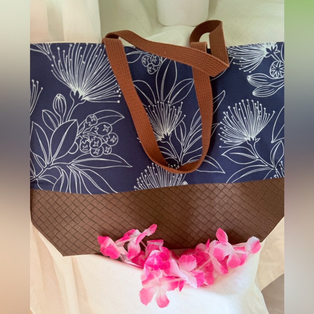 Hand Crafted Navy and Brown Floral Tote